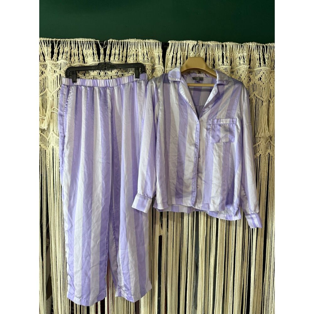 LOFT Sleep Satin Notch Collar Pajama Set – Purple & Lavender Candy Stripe